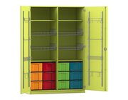 Flexeo Sportschrank, Dekor apfelgrn, HxBxT: 190 x 126,4 x 60 cm, 4 Gitterkrbe, 12 groe Boxen bunt, Bogengriff mit Schloss