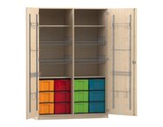 Flexeo Sportschrank, Ahorn honig, HxBxT: 190 x 126,4 x 60 cm, 4 Gitterkrbe, 12 groe Boxen bunt, Bogengriff mit Schloss