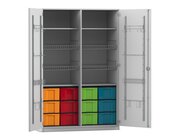 Flexeo Sportschrank, Dekor grau, HxBxT: 190 x 126,4 x 60 cm, 4 Gitterkrbe, 12 groe Boxen bunt, Bogengriff mit Schloss