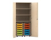 Flexeo Garagenschrank PRO, Ahorn, 2 Rollcontainer, 12 kleine Boxen bunt, 3 Fcher, HxBxT: 190 x 94,4 x 60 cm, Schloss