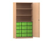 Flexeo Hochschrank mit 3 großen Fächern, 12 großen Boxen grün, und Türen