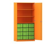 Flexeo Hochschrank Orange mit 3 großen Fächern, 12 großen Boxen grün, Türen, Bogengriff mit Schloss, 50cm tief