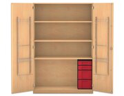 Flexeo Musikschrank, Buche hell, 4 Boxen rot, HxBxT: 190 x 126,4 x 60 cm, Bogengriff mit Schloss