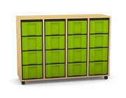 Flexeo Regal mit 4 Reihen, Dekor Buche hell, Sockel, 16 hohe Schubladen grn, HxBxT: 92,3 x 130,7 x 40,8 cm