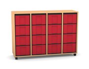 Flexeo Regal mit 4 Reihen, Dekor Buche hell, Sockel, 16 hohe Schubladen rot, HxBxT: 92,3 x 130,7 x 40,8 cm