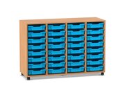 Flexeo Regal PRO, HxBxT: 99.1 x 143.9 x 48 cm, Buche dunkel, 4 Reihen, 32 kleine Boxen hellblau, Rollen