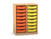 Flexeo Regal PRO mit 2 Reihen und 16 kleinen Boxen Dekor Buche hell, Sockel, Boxen orange gelb