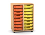 Flexeo Regal PRO mit 2 Reihen und 16 kleinen Boxen Dekor Buche hell, Stellfe, Boxen orange gelb