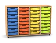 Flexeo Regal PRO mit 4 Reihen, Rollen, inkl. 32 kleine Boxen orange/gelb/grn/hellblau Dekor: Buche hell