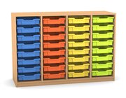 Flexeo Regal PRO mit 4 Reihen und 32 kleinen Boxen Dekor Buche hell, Sockel, Boxen orange gelb grn hellblau