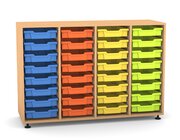 Flexeo Regal PRO mit 4 Reihen und 32 kleinen Boxen Dekor Buche hell, Stellfe, Boxen orange gelb grn hellblau