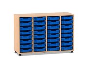 Flexeo Regal PRO Buche hell, 4 Reihen, 32 kleine Boxen blau, Rollen