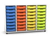 Flexeo Regal PRO wei, HxBxT: 99.1 x 143.9 x 48 cm, mit 4 Reihen, Rollen, inkl. 32 kleinen Boxen bunt A