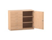 Flexeo Schrank mit 6 kleinen Schubladen, 3 Fchern und 1 Tr, Ahorn honig, 99,1 x 126,4 x 60 cm, Bogengriff mit Schloss