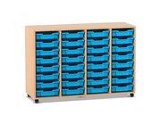 Flexeo Regal PRO, HxBxT: 99.1 x 143.9 x 48 cm, mit 4 Reihen und 32 kleinen Boxen Dekor Buche hell, Stellfe, Boxen hellblau