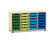 Flexeo Regal PRO, 4 Reihen, 24 kleine Boxen grn-blau, Ahorn honig mit Rollen
