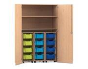 Flexeo Garagenschrank PRO, Buche hell, 3 Rollcontainer, 12 Boxen bunt B, Schloss