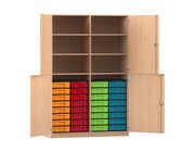 Flexeo Halbtrenschrank, Buche hell, Bogengriff mit Schloss, 32 kleinen Boxen bunt, Tiefe 50 cm