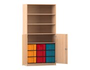 Flexeo Schrank, Buche hell, 9 groe Boxen bunt, 4 Fcher, 2 Halbtren, HxBxT: 190x94,5x50 cm, Bogengriff mit Schloss