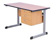 Lehrertisch Buche hell, L-Fu mit abschliebarem 3er-Fach, Stahlfarbe lichtgrau