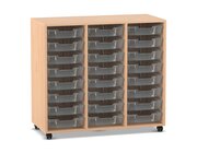 Flexeo Regal PRO mit 3 Reihen und 24 kleinen Boxen transparent, Buche hell mit Rollen