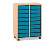 Flexeo Regal, Buche hell, 92,3 x 66,5 x 40,8, 2 Reihen, 16 kleine Boxen blau, Sockel