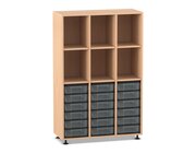Flexeo Regal mit 3 Reihen, 6 Fchern und 18 kleinen transparenten Boxen unten, Sockel