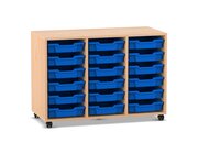 Flexeo Regal PRO, Buche hell, mit 3 Reihen und 18 kleinen Boxen blau, Sockel