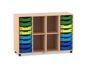 Flexeo Regal PRO Buche hell, 99,1 x 143,9 x 48 cm, 4 Reihen, 4 Fcher, 16 Boxen blau-grn, Rollen