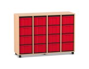 Flexeo Regal mit 4 Reihen, Dekor Buche hell, Rollen, 16 hohe Schubladen rot, HxBxT: 92,3 x 130,7 x 40,8 cm