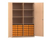 Flexeo Schrank, Buche hell, 24 kleine Boxen gelb, 6 Fcher, Mittelwand, 2 Tren, HxBxT: 190 x 126,4 X 50 cm, Schloss