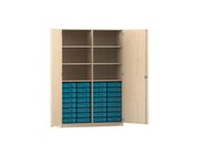 Flexeo Hochschrank mit Drehtren, Ahorn Honig, 190x126,4x60 cm, 32 kleine Boxen blau, Dreholive