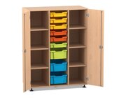 Flexeo Regalschrank PRO, Buche hell, 3 Reihen, 9 Boxen S und M, bunt A, 2 Tren, Sockel, Schloss