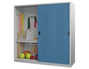 Sportgerteschrank Typ I+III lichtgrau, Schiebetren blau, H/B/T 195 x 200 x 60 cm