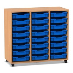 Flexeo Regal PRO Buche dunkel, mit 3 Reihen und 24 kleinen Boxen blau, Rollen