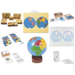 Montessori Geografie-Set 2: Erdteile: Stempel und Puzzle der Erdteile, Namenskrtchen, Globus, Kontrollkarte, Tiere aus aller Welt