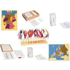 Montessori Geografie-Set 1: Deutschland und Europa: Puzzlekarte mit Kontrollkarten und Bezeichnungskarten, inkl. Flaggen