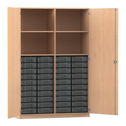 Flexeo Schrank, 40 kleine Boxen transparent, Mittelwand, 2 Tren, Buche Hell, Bodengriff mit Schloss