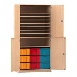 Flexeo Bastelschrank, Buche hell, BxHxT: 94,4 x 190 x 60 cm, 9 groe Boxen bunt, Dreholive