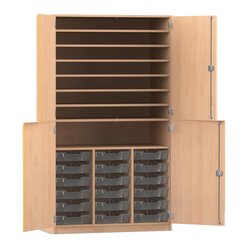 Flexeo Bastelschrank, Buche hell, HxBxT: 190 x 108,1 x 60 cm, 4 Halbt�ren, 18 kleine Boxen transparent, Bogengriff mit Schloss