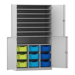Flexeo Bastelschrank, Dekor grau, HxBxT: 190x108,1x60 cm, 4 Halbtren, 9 groe Boxen bunt B, Schloss