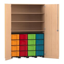 Flexeo Garagenschrank, Buche hell, HxBxT: 190 x 126,4 x 60 cm, 16 groe Boxen bunt, Bogengriff mit Schloss