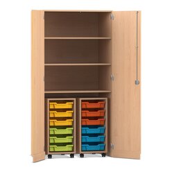 Flexeo Garagenschrank PRO, Buche hell, 2 Rollcontainer, 12 kleine Boxen bunt, 3 Fcher, HxBxT: 190 x 94,4 x 60 cm