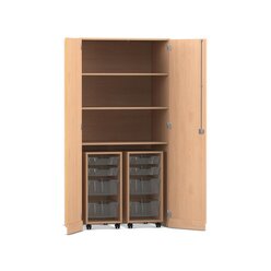 Flexeo Garagenschrank PRO, Buche hell, HxBxT: 190 x 94,4 x 60 cm, 2 Rollcontainer, 8 Boxen Gr. S und M transparent, Bogengriff mit Schloss