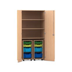 Flexeo Garagenschrank PRO, Buche hell, HxBxT: 190 x 94,4 x 60 cm, 2 Rollcontainer, 8 Boxen Gr. S und M, bunt B, Dreholive Schloss