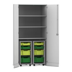 Flexeo Garagenschrank PRO, Dekor grau, HxBxT: 190 x 94,4 x 60 cm, 2 Rollcontainer, 8 Boxen Gr. S und M, dunkelgrn/hellgrn, Bogengriff mit Schloss