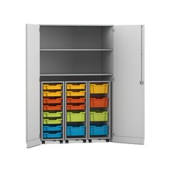 Flexeo Garagenschrank PRO, grau, 3 Rollcontainer, 18 Boxen bunt B, Schloss