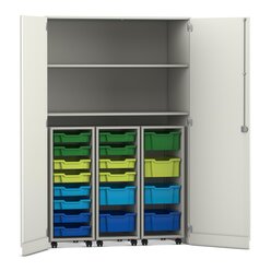 Flexeo Garagenschrank, Dekor wei, HxBxT: 190x126,4x60 cm, 3 Rollcontainer mit Boxen bunt B, Dreholive