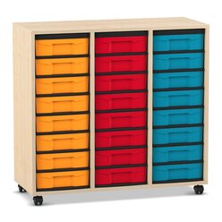 Flexeo Regal, Ahorn honig, HxBxT: 92,3x98,6x40,8 cm, 3 Reihen, 24 kleine Boxen bunt, Rollen