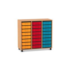 Flexeo Regal, Buche dunkel, 3 Reihen, 24 kleine Boxen bunt, Rollen, Hhe 92,3 cm
